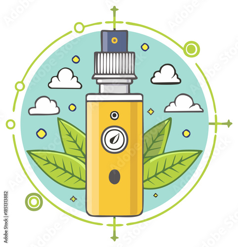 Stylized illustration of a yellow vaporizer device with green leaves and clouds, representing natural herbal extracts.