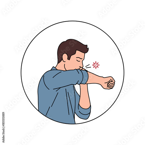 Man coughing into elbow while standing in circular frame  