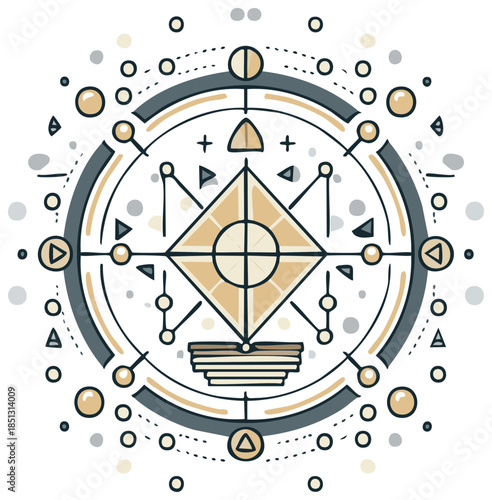 Circular Graphic Element with Triangle, Circle, and Diamond Shapes in Center, Line Art Illustration