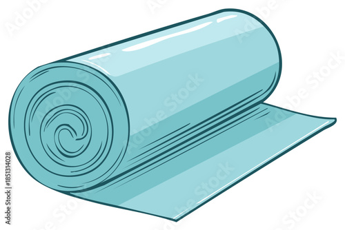 Cartoon illustration of a shiny blue roll of flexible material unfurling
