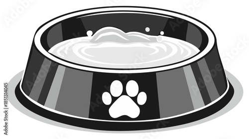 Dog Bowl Filled with Milk Vector Illustration Animal Care Pet Food Bowl Water Paw Print Black and White