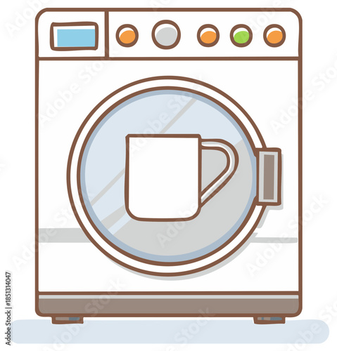 Whimsical Washing Machine Illustration with Mug Tumble Dryer Icon Design
