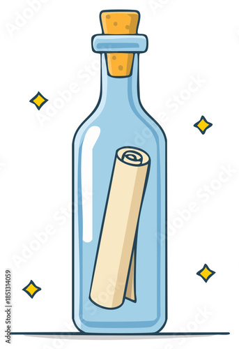Cartoon message inside sealed glass bottle with cork floating in water for nautical concept