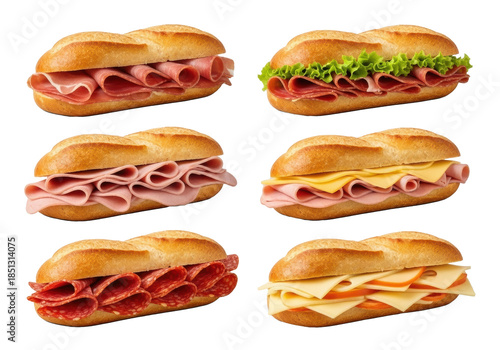 Six fresh baguette sandwiches with cured ham, cooked ham, ham & lettuce, spicy salami, and various cheeses, isolated on a transparent background. Concept of delicious, high-quality meal options
