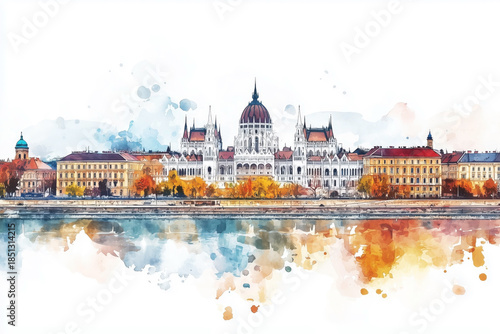 Watercolor illustration of Budapest Parliament with riverside buildings and autumn foliage reflections