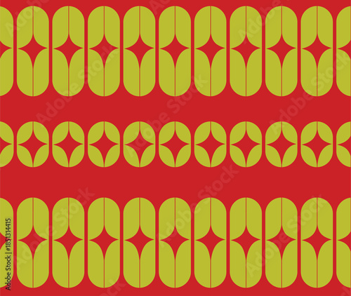 Seamless retro geometric pattern with repeating oval and star shapes in yellow on a red background. Bold mid-century modern design inspired by vintage Scandinavian and 70s graphic style.