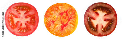 Sliced tomatoes of different colors isolated on white, set © New Africa