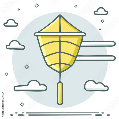 Yellow traditional Asian style sky lantern floating amidst clouds in a bright blue sky illustration