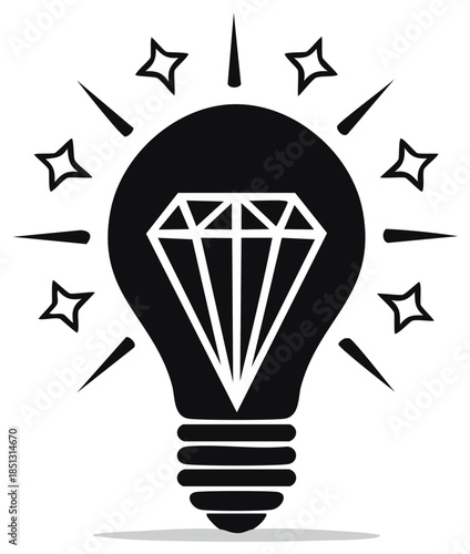 Brilliant idea concept icon with a diamond in a shining light bulb