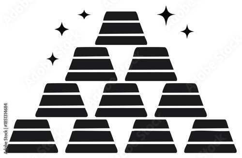 Gold bars stacked high with sparkling stars in simple black and white design