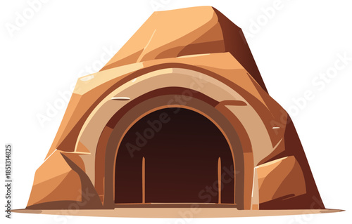 Rock Shelter Entrance Carved into Stone Facade with Cave Opening, Cartoon Style
