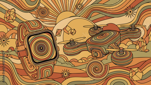 Vector Illustration of a vibrant retro-futuristic space scene featuring abstract geometric patterns, swirling concentric circles, and stylized spacecraft flying through a dreamy landscape. The compo