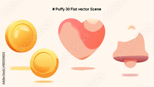 Vector Illustration of a charming flat design scene featuring three puffy 3D elements: golden coins with glossy highlights, a red and peach layered heart shape, and a soft pink bell with a clapper, 
