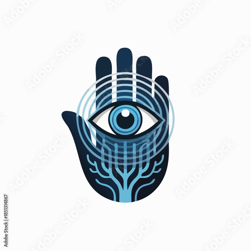 Vector Illustration of a mystical hamsa hand featuring a prominent all-seeing eye in the center, with concentric circular patterns and ornamental details. The design combines traditional spiritual s