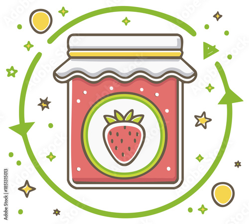 Sweet homemade strawberry jam jar with green circular arrows and sparkling stars vector illustration