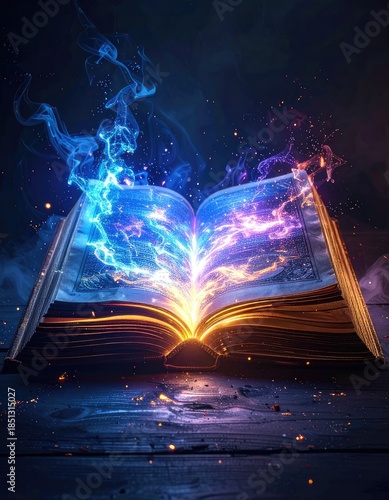 An ancient, open book radiates brilliant magical energy with blue smoke and sparks against a dark background.