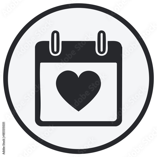 Love date calendar icon with a heart symbol for wedding, anniversary, or special romantic event planning.