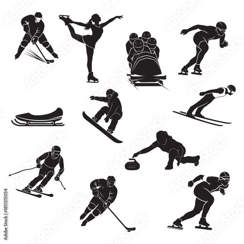 Set of 11 winter sports athlete icons including hockey player, figure skater, bobsleigh team, speed skater, skier and curler in dynamic silhouette vector illustration