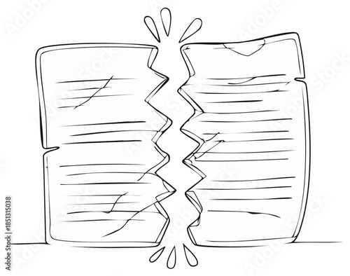 Torn document paper split in half representing disagreement or broken agreement