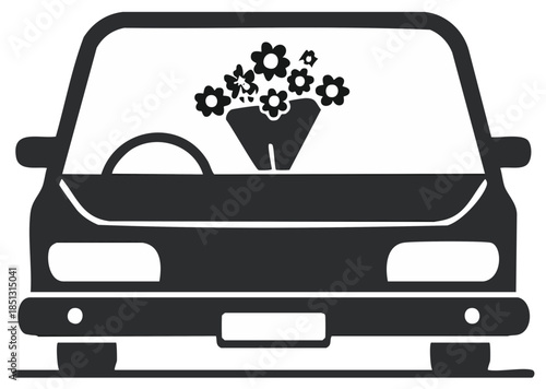 Black minimalist car icon with a lovely flower bouquet displayed inside its windshield