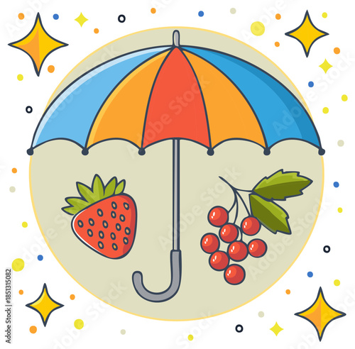 Playful cartoon illustration of a colorful umbrella with a strawberry and a bunch of red berries