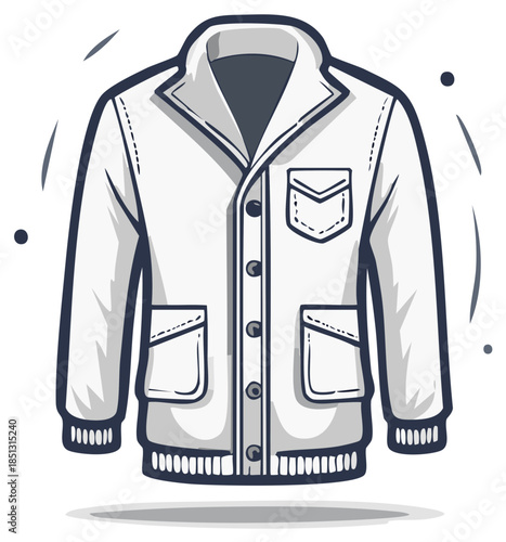 Illustration of White Button Up Cardigan with Pockets and Striped Cuffs and Hem