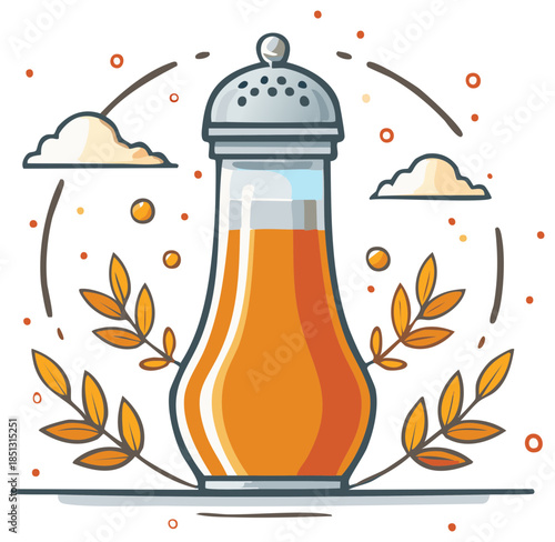 Stylized illustration of a glass salt shaker filled with orange seasoning and surrounded by autumn leaves and decorative elements