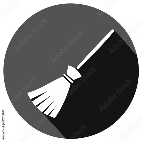 Flat design broom icon with long shadow on a dark circular background