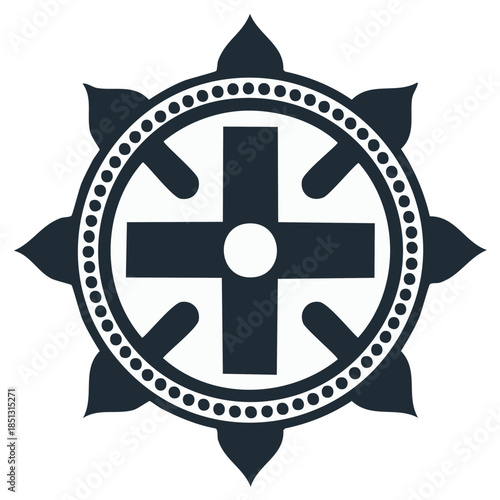 Dharmachakra Buddhist Symbol with Cross and Lotus Petals in Dark Blue