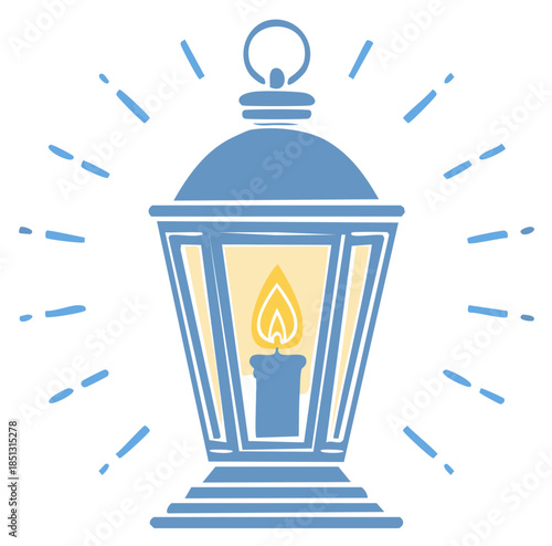 Cute blue hand-drawn lamp with yellow light shining and emanating blue rays on white background, warm, cozy, illustration