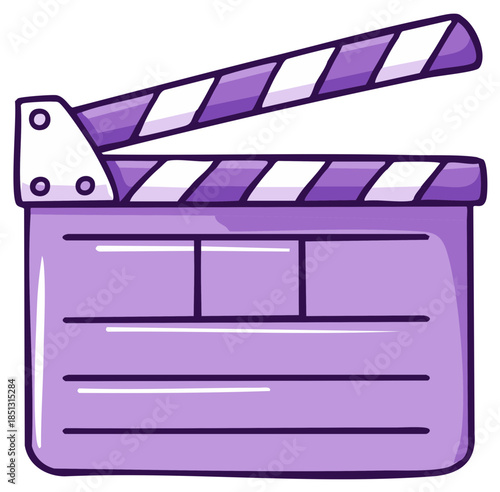 Purple movie clapperboard with striped sticks in cartoon style