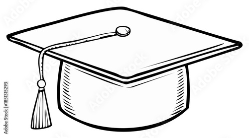 Simple black and white line art illustration of a graduation cap mortarboard with a tassel