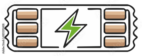 Hand Drawn Battery Icon with Green Lightning Bolt and Brown Cells