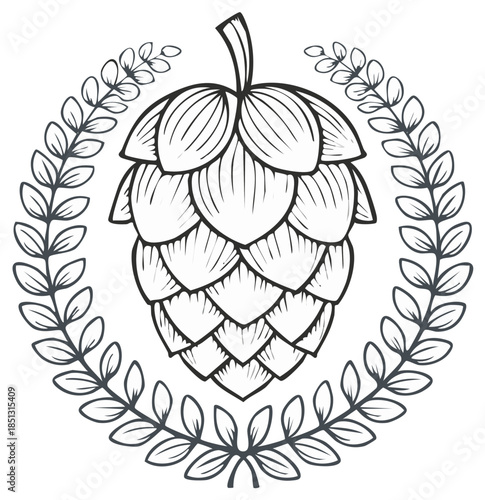 Botanical Hop Cone Sketch with Laurel Wreath, Isolated Decorative Beer Ingredient Drawing, Black and White Vintage Style Illustration