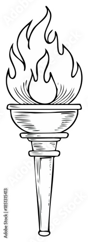 Torch illustration with burning flame in a retro line art style