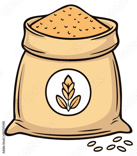 Cartoon illustration of a bag of flour with wheat symbol and scattered grains.