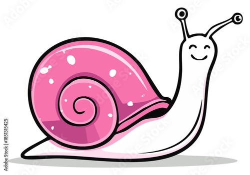 Cheerful pink snail illustration with antenna and a smiling face. Perfect for kids' designs and nature inspired projects.