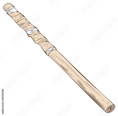 Illustration of a walking stick with a wrapped handle, isolated