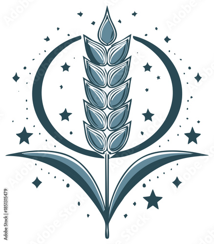 Wheat stalk with crescent moon and stars vector illustration, harvest symbol graphic design element