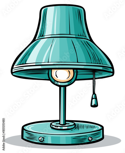Vintage style teal desk lamp with glowing light bulb and pull chain vector illustration