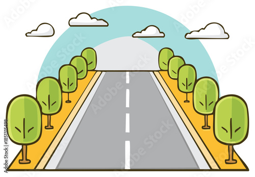 Cartoon Road Trip Perspective with Sky, Clouds, and Trees Bordering Highway, Open Country Scene