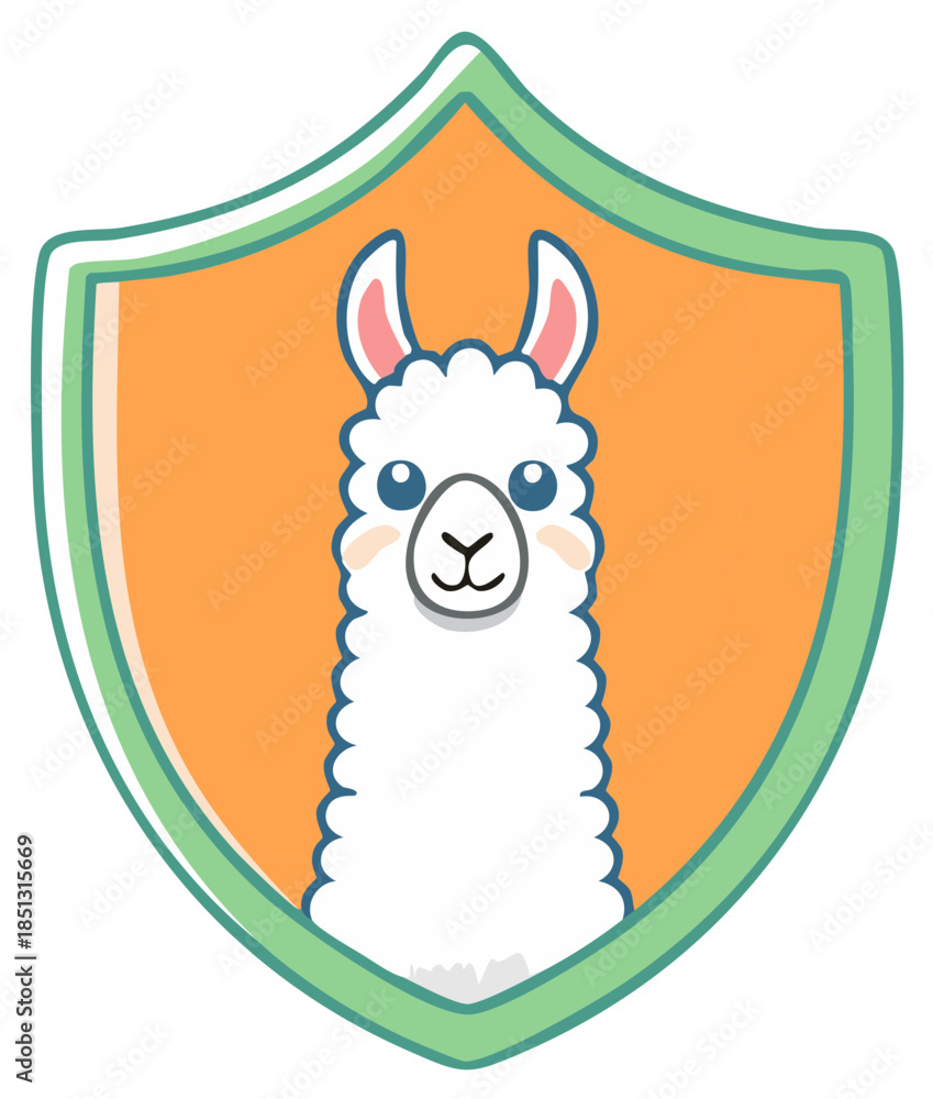 Fototapeta premium Cute cartoon llama mascot inside a green and orange shield emblem for a team or gaming logo