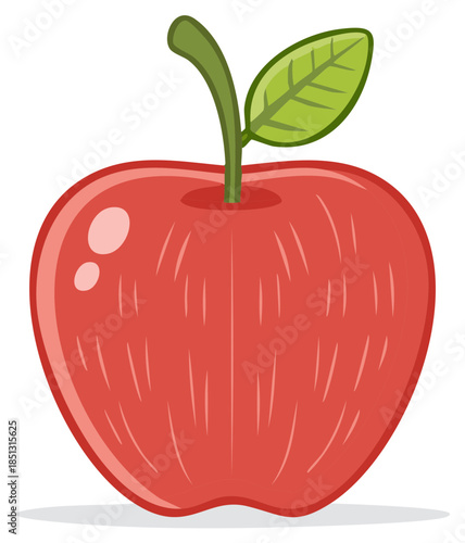 Vibrant Red Apple with Stem and Leaf, Stylized Cartoon Illustration