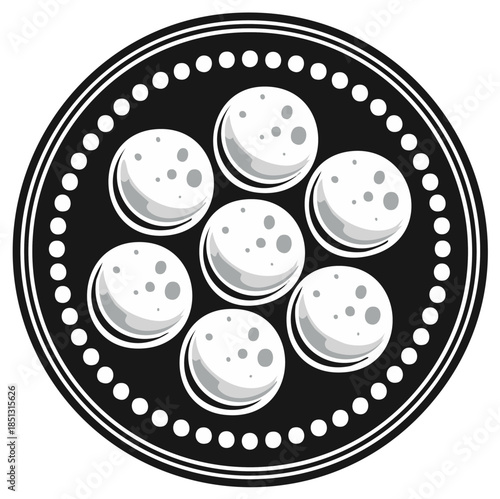 Stylized vector icon of celestial moons with craters on a round decorative plate