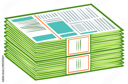 Large stack of green-edged newspapers or documents bundled, ready for news and information distribution