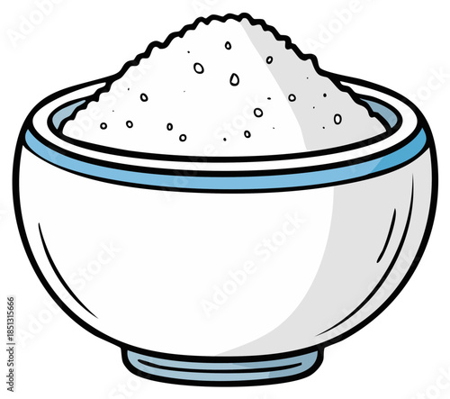 Bowl full with a white substance. Illustration of bowl with sugar, salt or other. Hand-drawn cartoon food element.