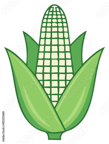Stylized illustration of a ripe ear of corn with green husks and kernels
