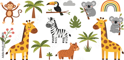 Whimsical Wildlife Wonders A Vibrant Collection of Adorable Jungle Animals and Tropical Elements