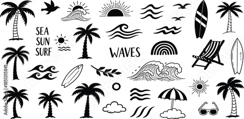 Tropical Beach Elements Collection Palm Trees, Surfboards, Waves, and Sun Icons for Summer Designs