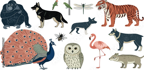 Vibrant collection of diverse wild animals and domestic pets, featuring various species from different habitats and ecosystems, perfect for educational content and nature-themed designs